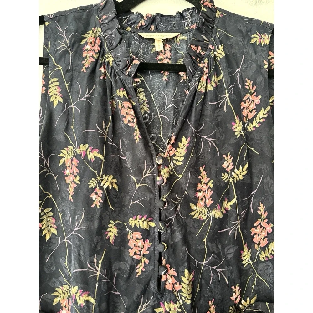 REBECCA TAYLOR Ivie Floral Ruffle Silk Blend Dress In Navy Combo Size 4‎